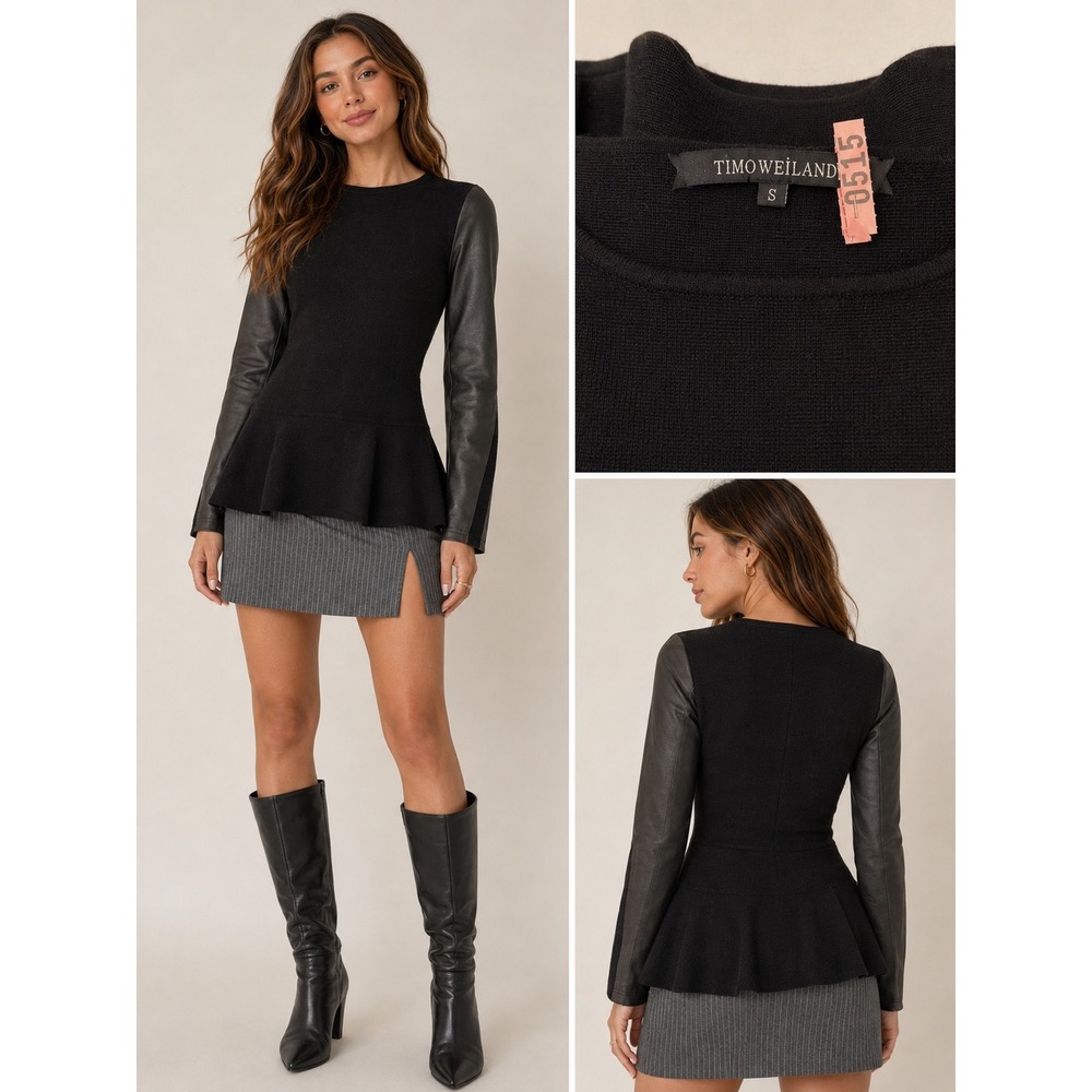 Timo Weiland Womens Black Merino Wool Peplum Top Faux Leather Sleeves Small